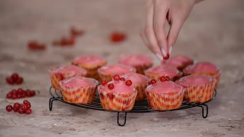 Hand Decorates Muffins with Pink Icing and Currants