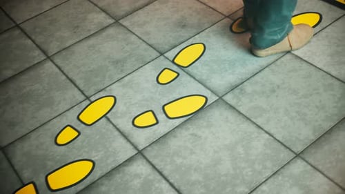 Panneaux de distanciation sociale au sol pendant la pandémie de coronavirus. Indicateurs visuels jaunes