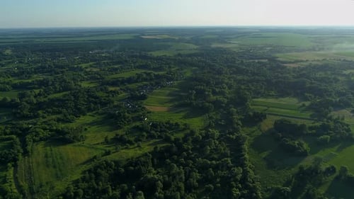 Aerial View Beautiful Landscape in Summer Drone Flying Over Field in Sunny Day