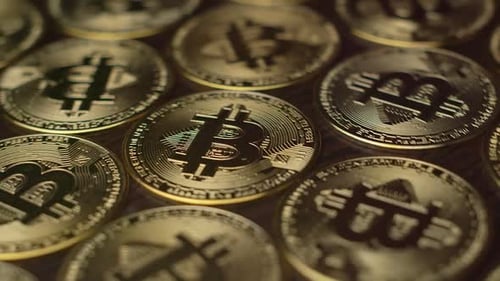 Golden Bitcoin Cryptocurrency Coins Close Up
