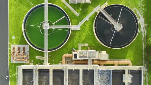 Aerial View of Modern Water Cleaning Facility at Urban Wastewater Treatment Plant