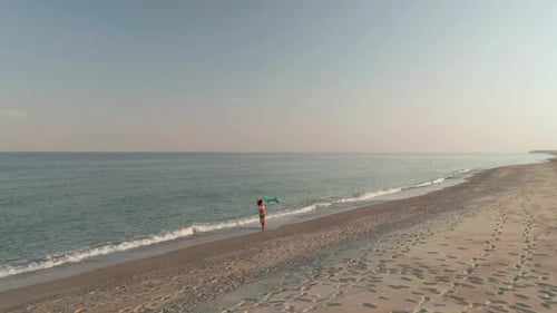 Beautiful Scene of a Woman Walking on Ocean Beach at Sunset