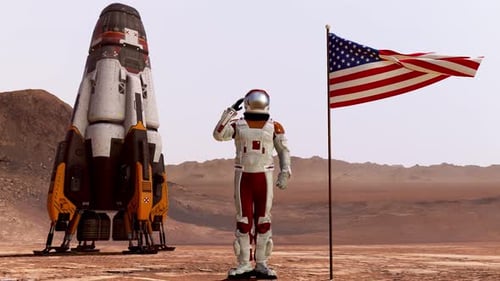 Astronaut Saluting American Flag on Mars with Spacecraft