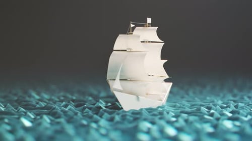 Winziges kleines Papierschiff segelt in Looping-Animation 4K auf einem künstlichen Cyanmeer