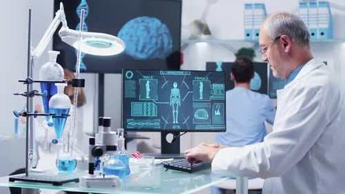 Researcher Typing Scientific Data in Modern Lab