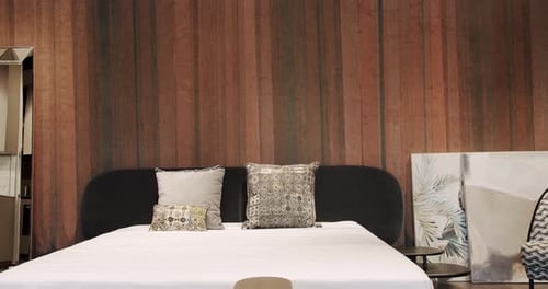Elegant Modern Bedroom with Striped Brown Wallpaper
