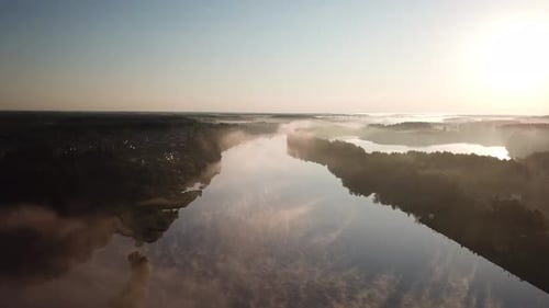 Misty River at Sunrise Aerial View