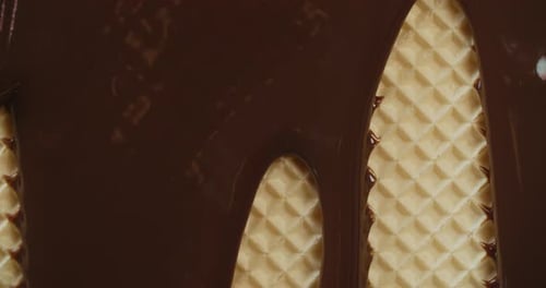 Chocolate Pouring on Waffle Delicious Dessert Close Up