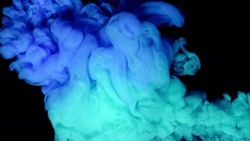 Blue and Green Paint Drops in Water with Black Background Abstract Color Mix Drop of Ink Paint