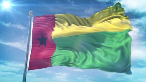 Realistic Guinea-Bissau Flag Waving in Blue Sky Loop