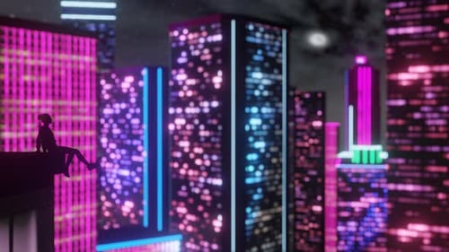 Silhouette of a Woman Sitting on the Edge of a Skyscraper Neon Coloted Night City
