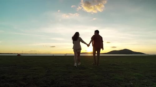 Zeitlupe eines jungen Paares, das sich an den Händen hält und bei Sonnenuntergang auf einer grünen Wiese spaziert