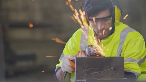 Skilled Worker Grinding Metal with Safety Gear