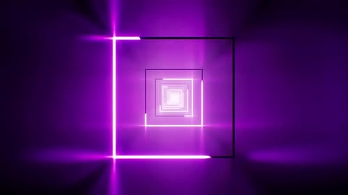 Un trait de lumière violet carré brillant dans la boucle VJ du tunnel métallique