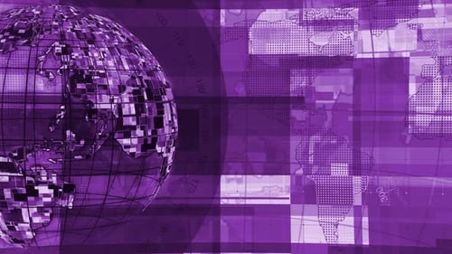 Purple Futuristic Digital Earth Globe and Animated Glitch World Map Background