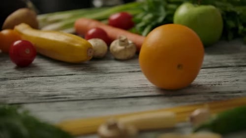 Bright Fruits and Vegetables on Wooden Surface