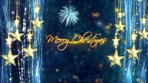 Merry Christmas Title Animation with Golden Stars and Blue Glitter