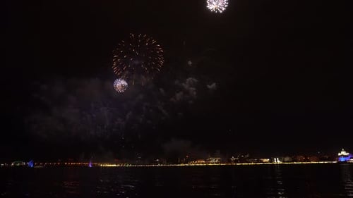 Brilliant Fireworks Explode Over City River at Night