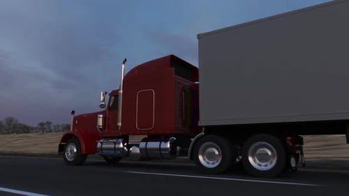 Huge semi-trailer cargo truck riding on the highway. Overall view animation. HD