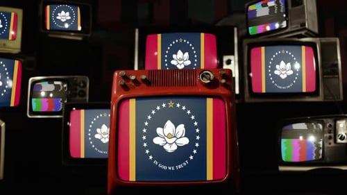 Vintage Televisions Displaying Static and Mississippi State Flag
