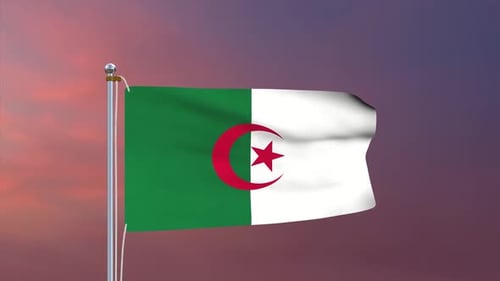 3D Waving Flag of Algeria Against Sunset Sky