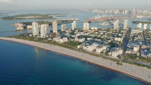 Miami South Beach Tropical Nature at Sunrise. Aerial View on White Sand Beach