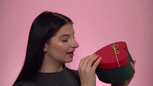 Happy Excited Woman Open Present Box Get Present To St