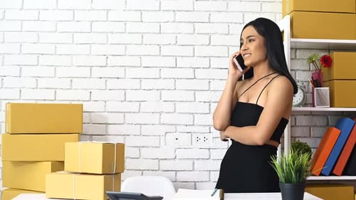 Woman Answers Phone in Home Business Setting