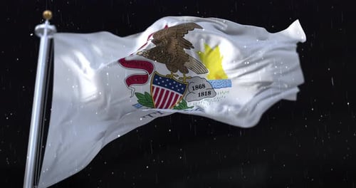 Illinois State Flag Waving with Rain on a Dark Night