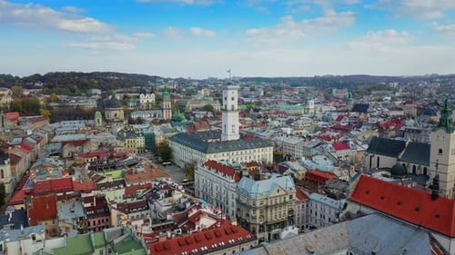 Aerial Drone Video of Lviv Old City Center - Roofs and Streets, City Hall Ratusha