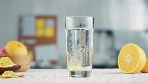 Effervescent Tablet Dissolving in Water with Lemons