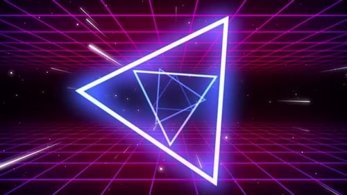 Retro Neon Triangles Flying Through Futuristic Grid Tunnel