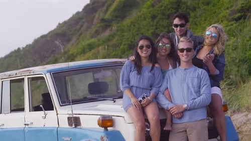 Portrait of group of friends at beach