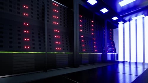 Futuristic Data Center Server Room with Blinking Lights