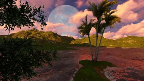 Fantasy Island Sunset Animation with Palm Trees and Giant Moon