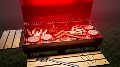 Grilling meat. Barbeque. Steaks, sausages, burgers. Grill with red hot charcoal.