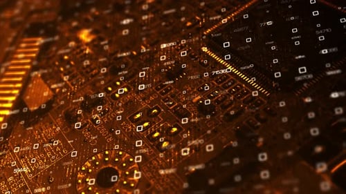 Animation of the Endless Motherboard with Moving Light Signals and Working Processors. Looped Motion