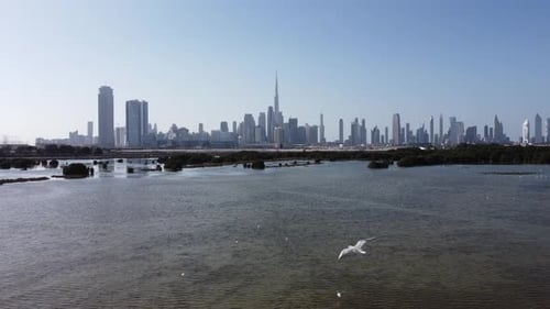 Flying over Ras Al Khor Wildlife Sanctuary towards Burj Khalifa