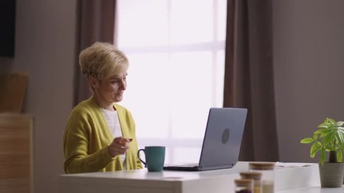 Adult Waving During Video Call on Laptop