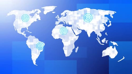 Animated World Map with Expanding Global Communication Signals