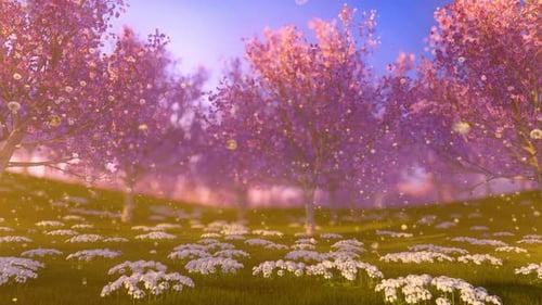 Cherry Blooming Orchard With Dandelions In Spring