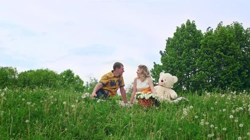 Loving Couple on Romantic Picnic in Summer Meadow