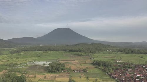 Aerial View of Rice Fields and Villages Near Mount Agung