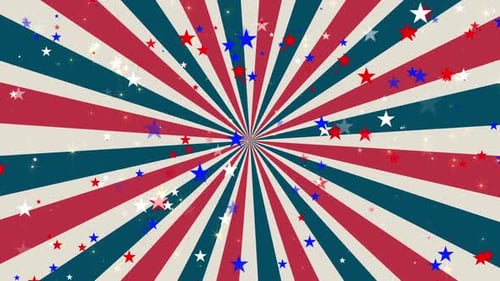 Patriotic Sunburst Background with Falling Red White Blue Stars
