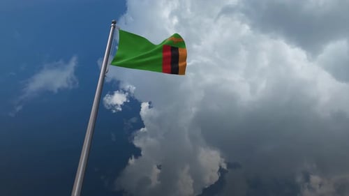 Zambia National Flag Waving in Blue Sky Animation