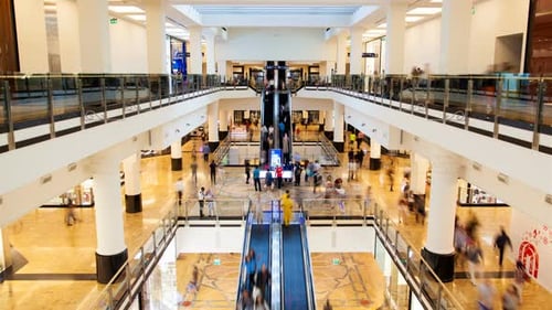 Shopping Mall of the Emirates Large Flow of People on Escalators Time-lapse