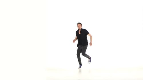One Hip Hop Acrobatic Break-dancer Stylish Man Dancing, on White
