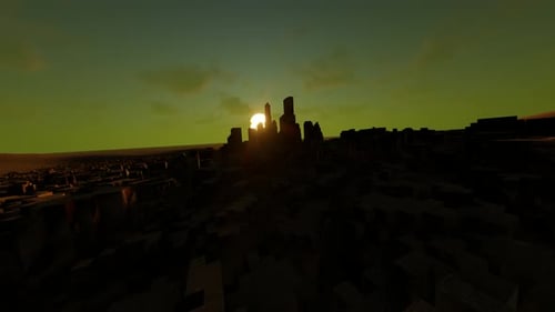 Cité de science-fiction et ciel couchant