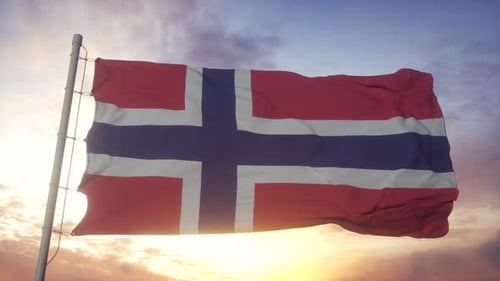 Realistic Norway Flag Waving in Wind with Sunset Sky