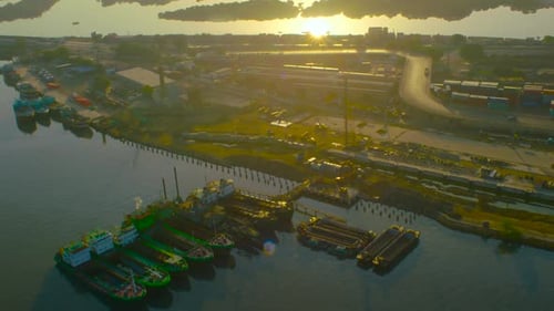 Ships and boats aerial view at harbor in Karachi Pakistan.